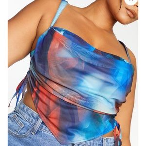 PLT Plus Blue Abstract Print Mesh Layered Corset Top
